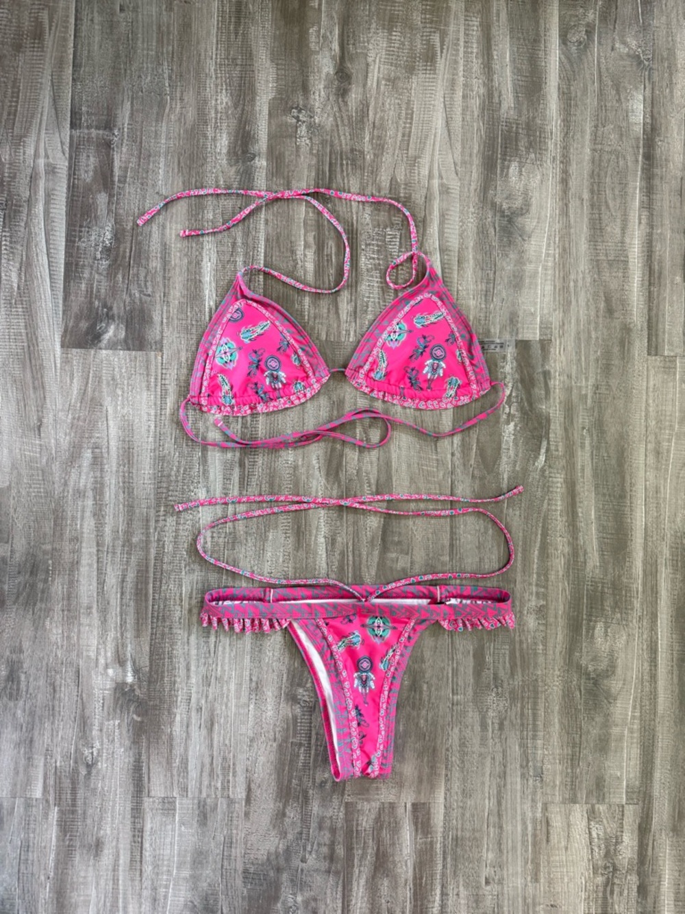 SHEIN Pink and Green Trim Triangle Bikini Top